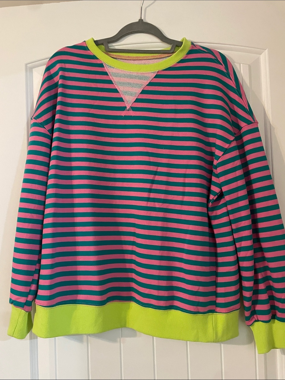 Striped Pink & Teal Sweatshirt with Neon Lime Trim